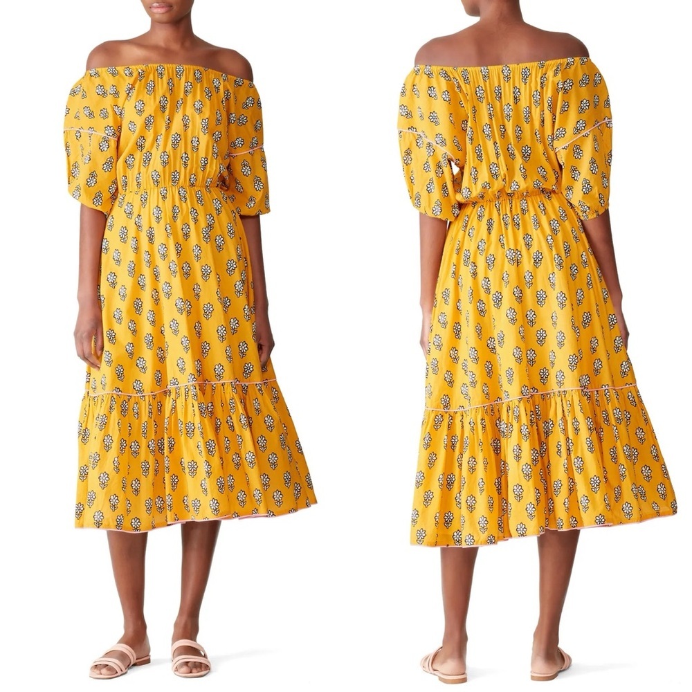 RHODE Yellow Off-Shoulder Midi Dress with Black White Print